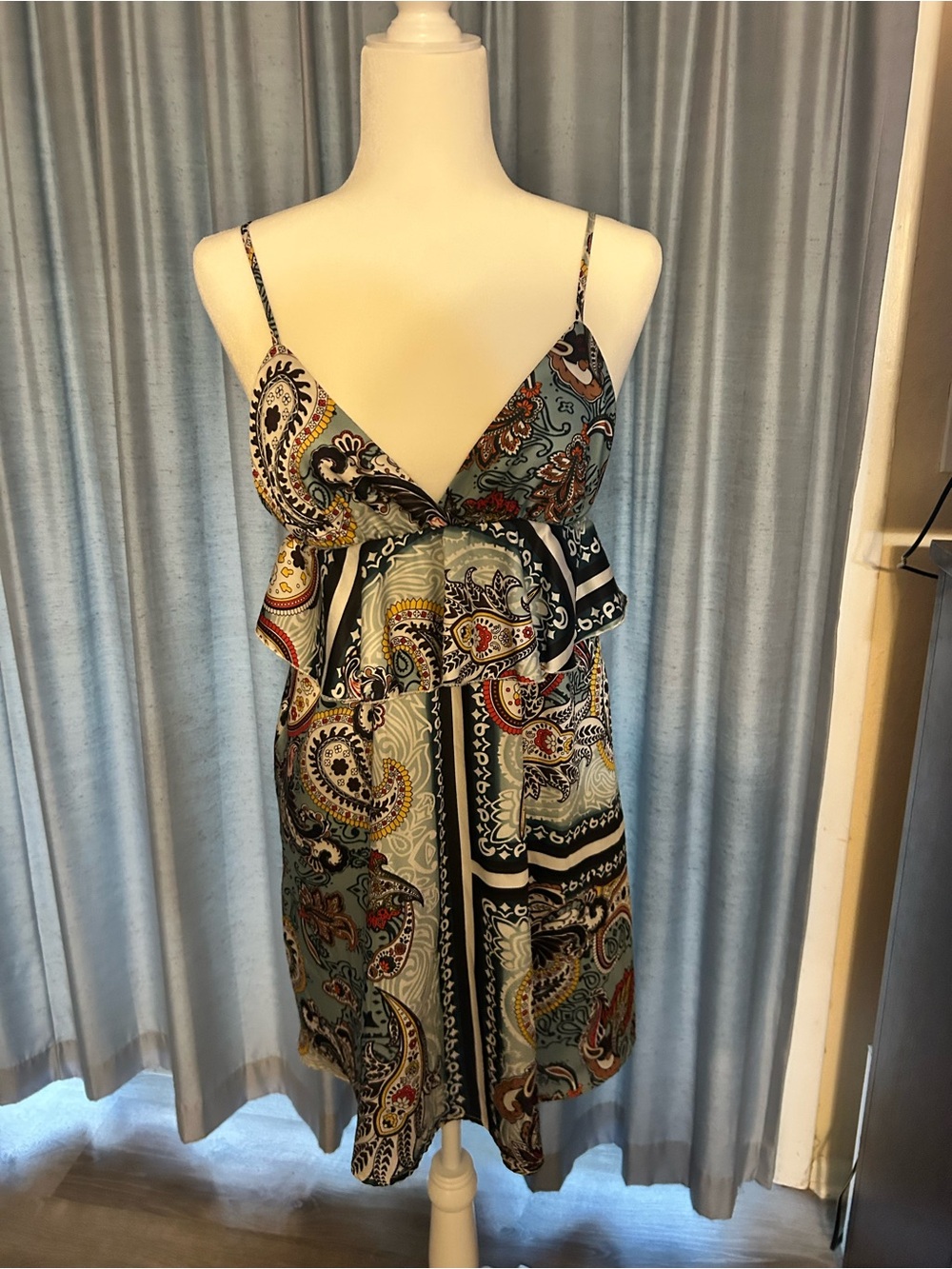 Paisley Print Spaghetti Strap Dress in Teal and Black